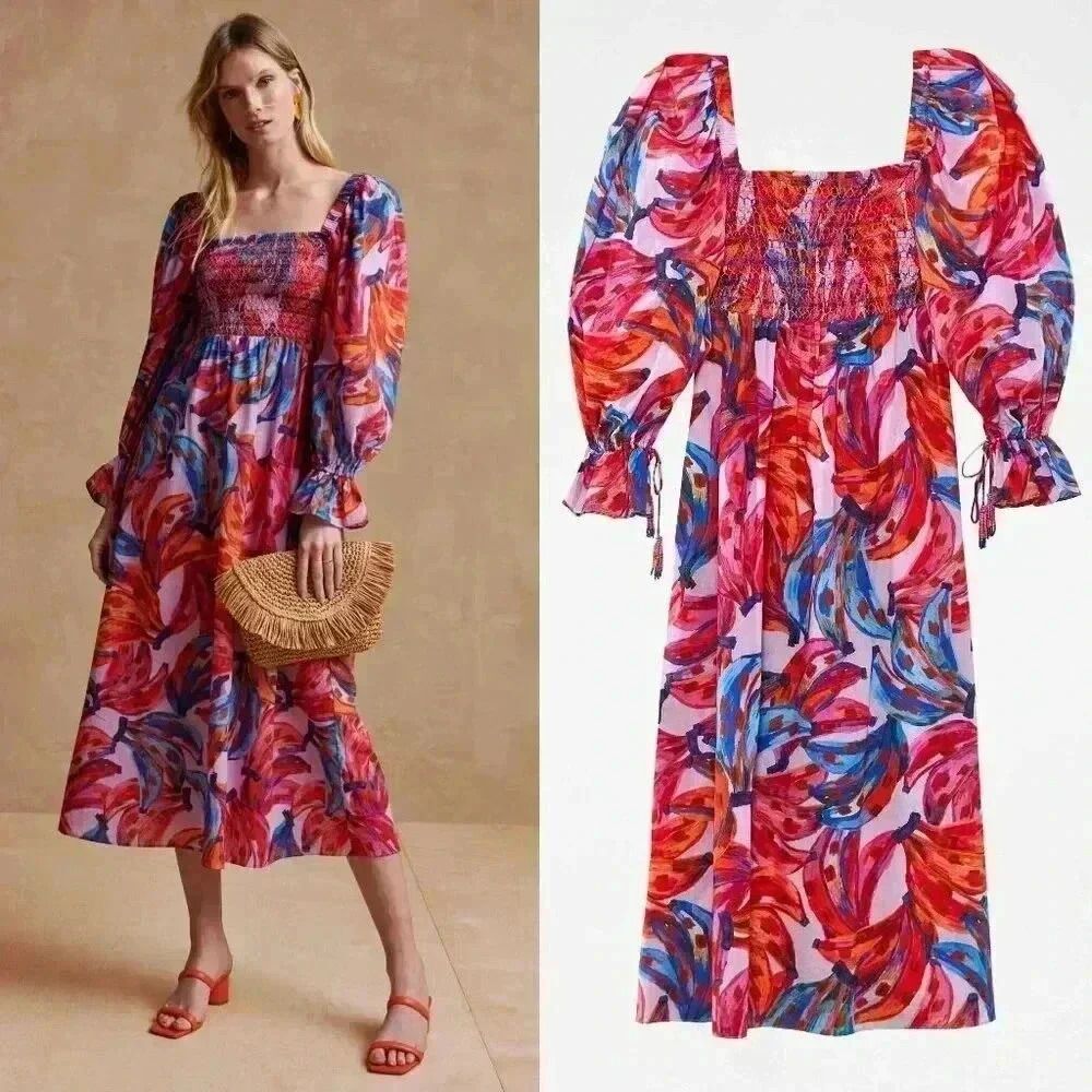 Anthropologie Farm Rio Colorful Bananas Puff Sleeve Maxi Dress Size Medium $245